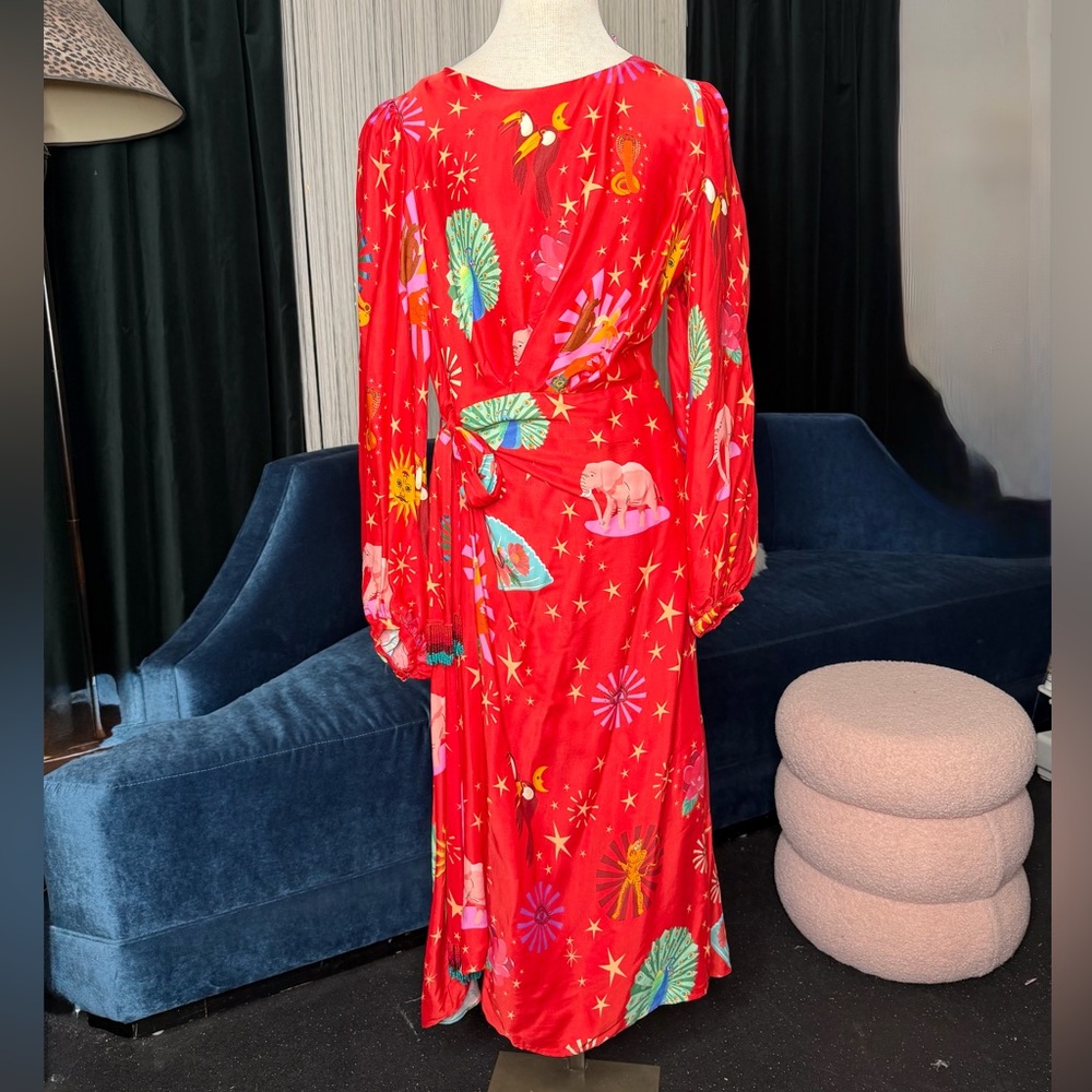 FARM Rio Vibrant Red Twist Lotus Star Cocktail Midi Dress with Colorful Patterns